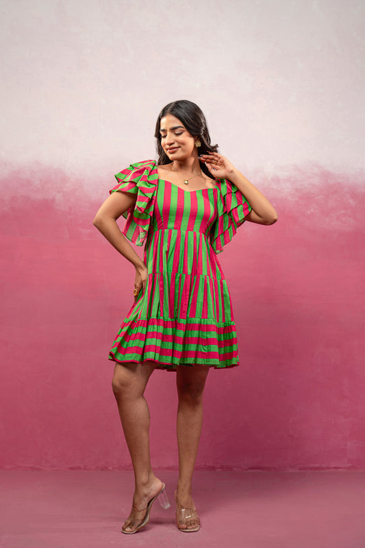 NIRI RED-GREEN STRIPED SHORT DRESS