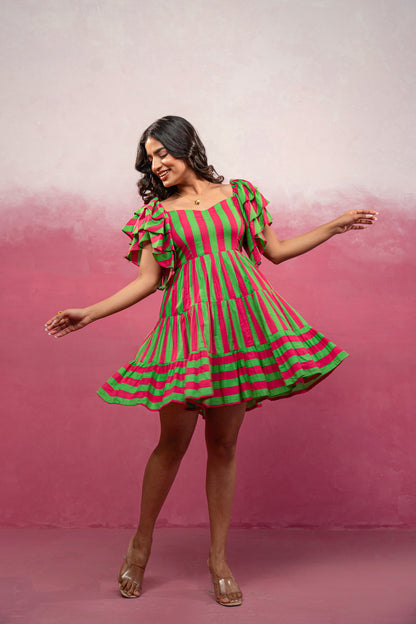 NEYRA RED-GREEN STRIPED SHORT DRESS