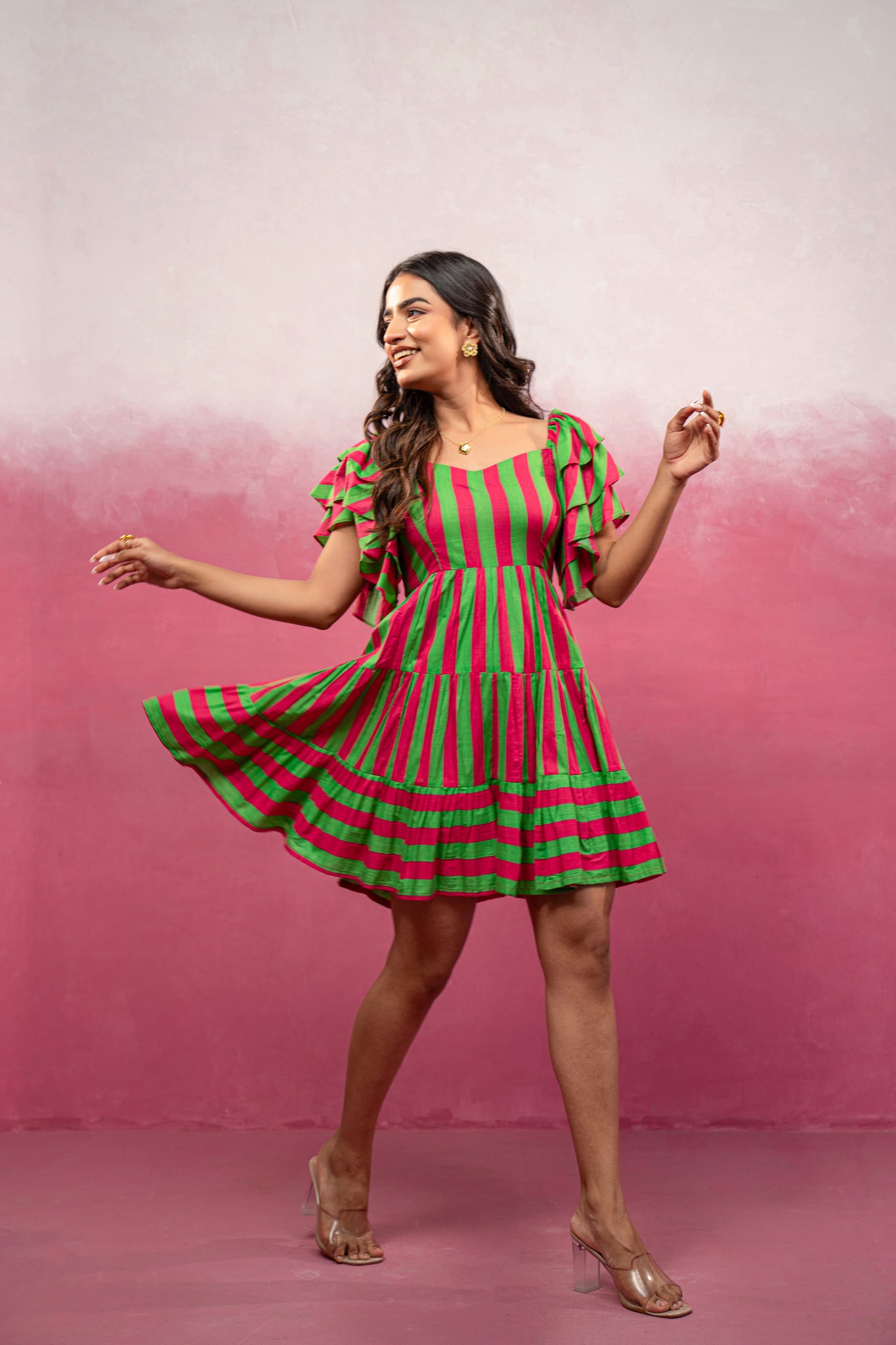 NEYRA RED-GREEN STRIPED SHORT DRESS