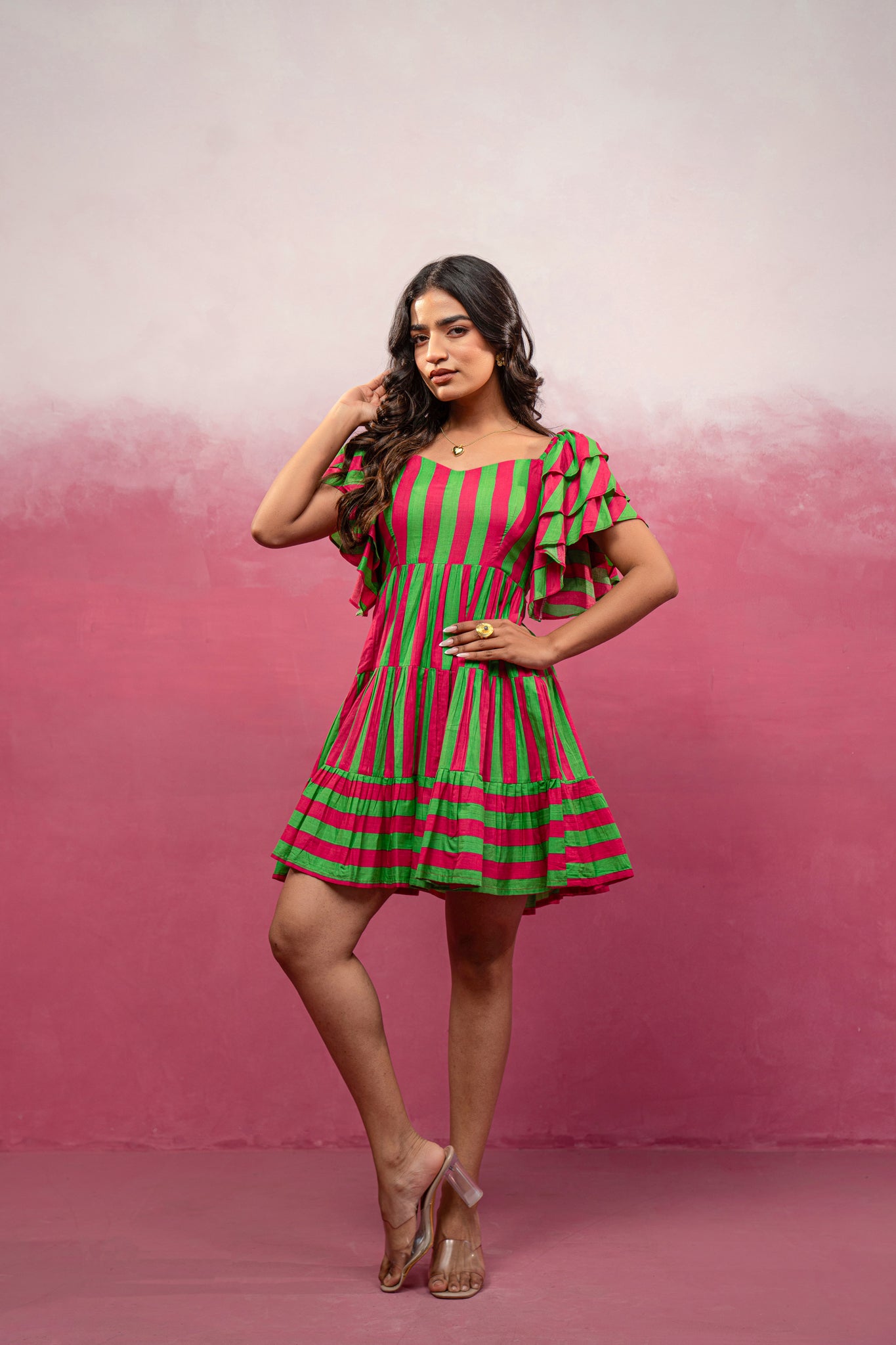 NEYRA RED-GREEN STRIPED SHORT DRESS