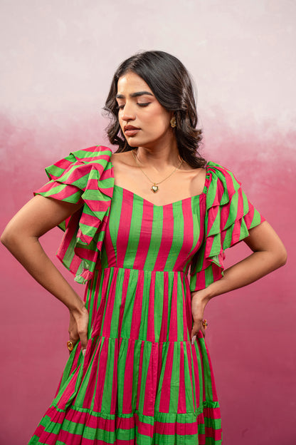 NEYRA RED-GREEN STRIPED SHORT DRESS