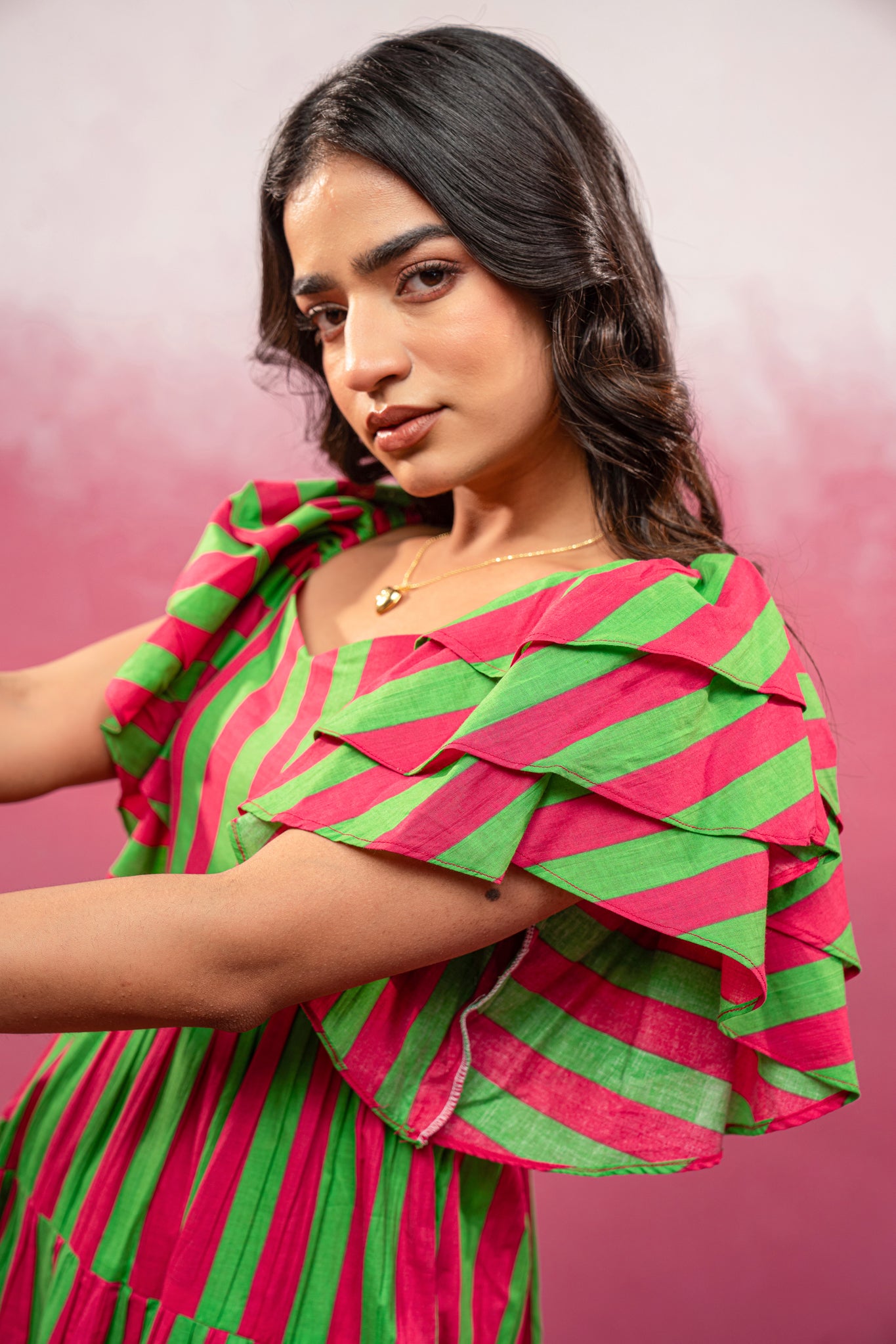 NEYRA RED-GREEN STRIPED SHORT DRESS