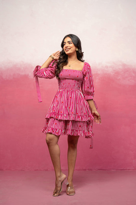 ARSHI PINK PRINTED SHORT RUFFLED DRESS