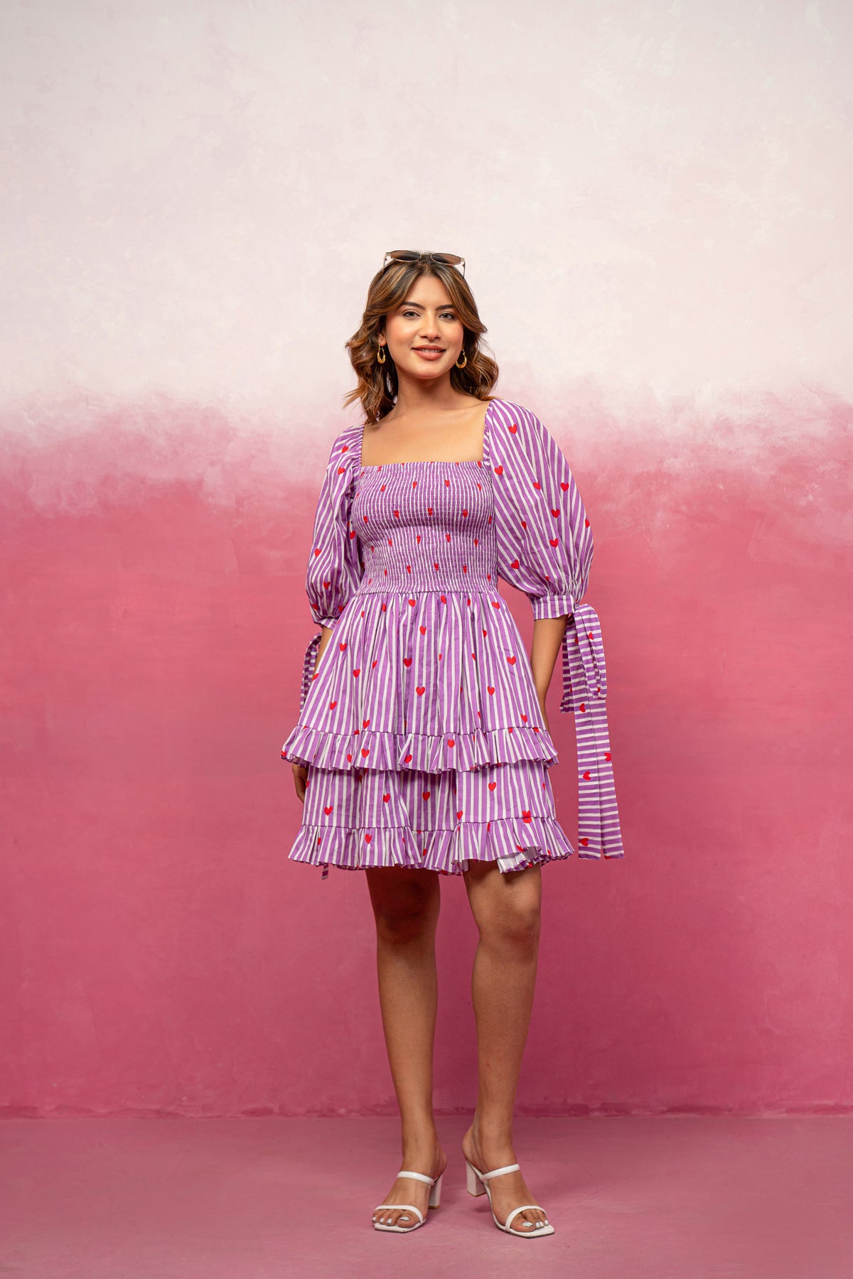 VISHA PURPLE PRINTED SHORT RUFFLED DRESS – Deasha India