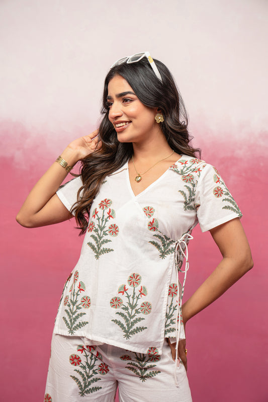 VARINI WHITE FLORAL ANGARAKHA TOP