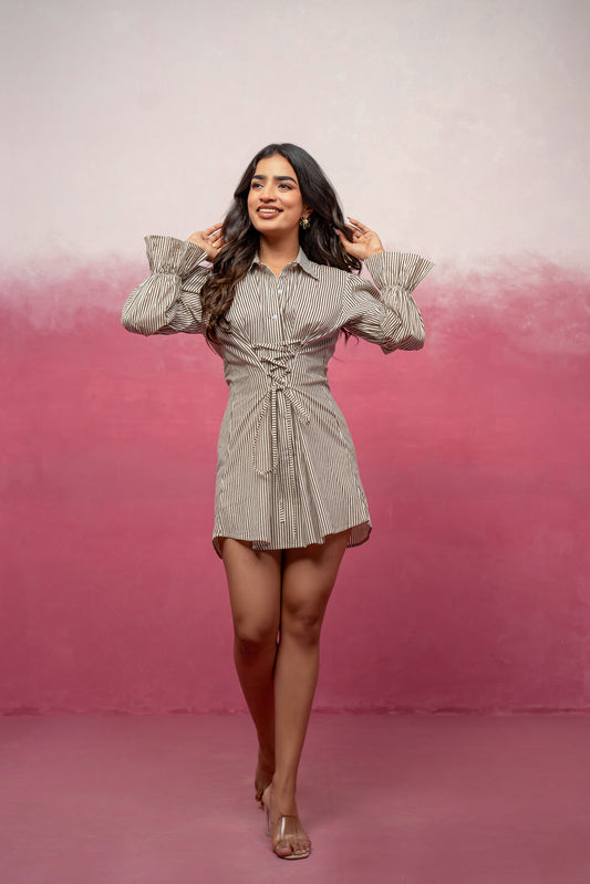 RYLEE BROWN STRIPED CORSET DRESS