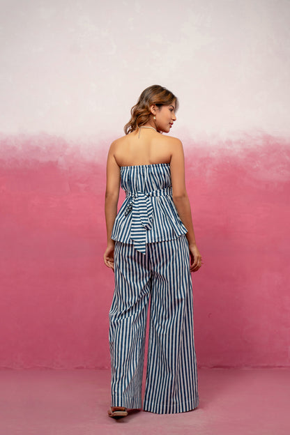 JADE BLUE STRIPED OFF SHOULDER COORD SET