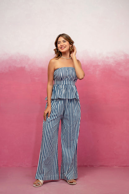 JADE BLUE STRIPED OFF SHOULDER COORD SET