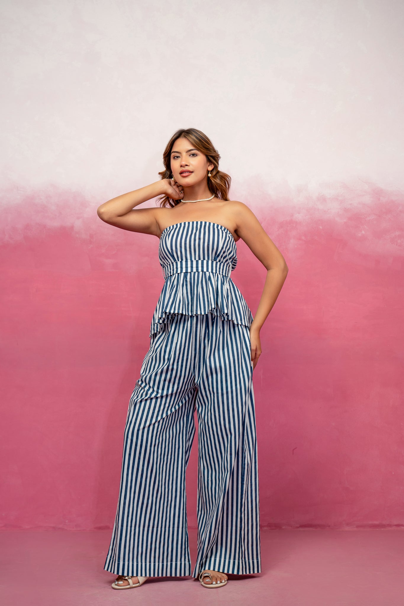 JADE BLUE STRIPED OFF SHOULDER COORD SET