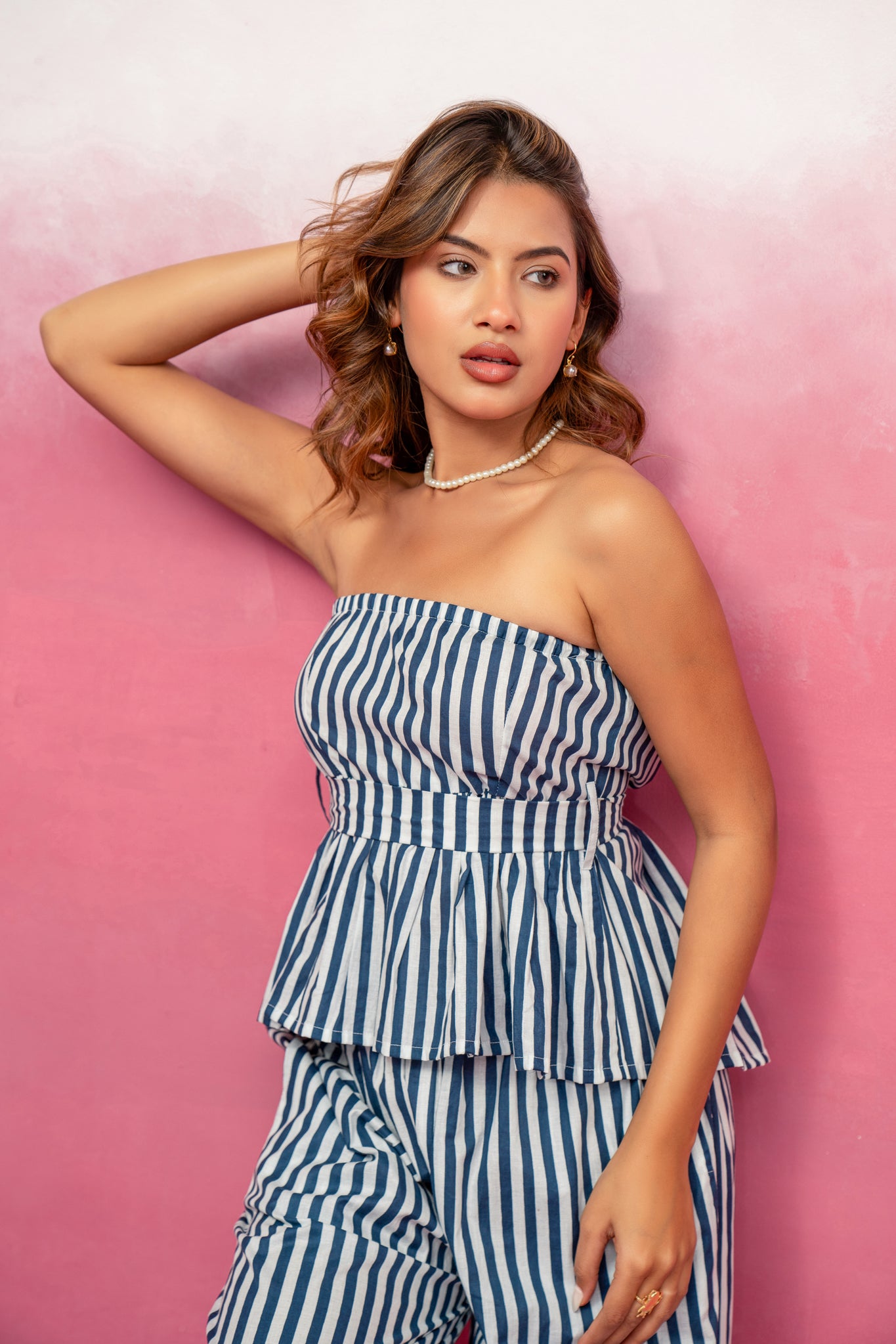 JADE BLUE STRIPED OFF SHOULDER COORD SET