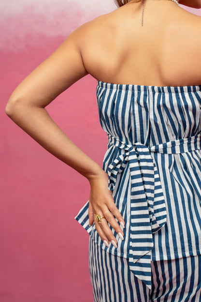 JADE BLUE STRIPED OFF SHOULDER COORD SET