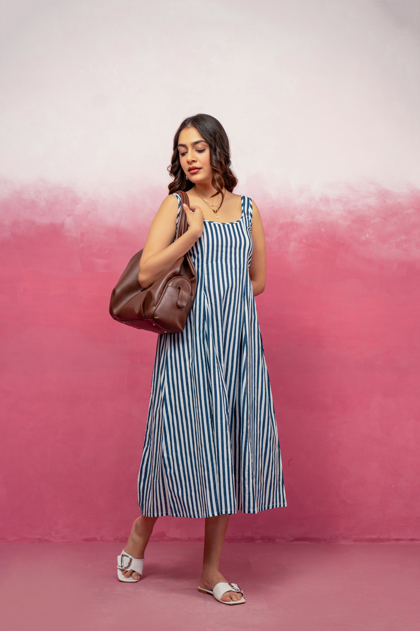ARIEL BLUE STRIPED MIDI A-LINE DRESS