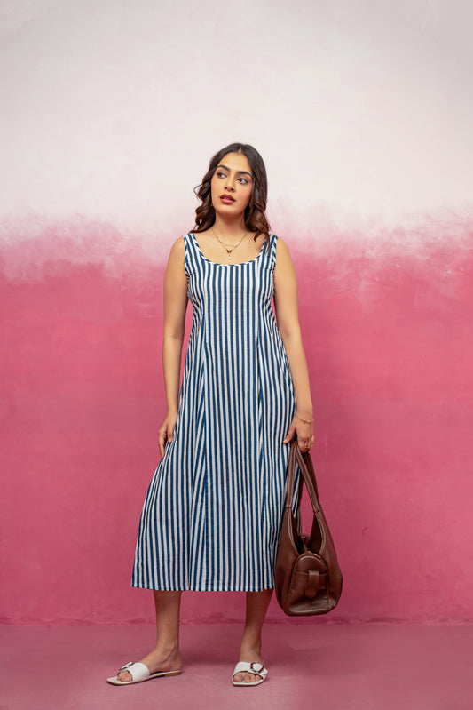 ARIEL BLUE STRIPED MIDI A-LINE DRESS