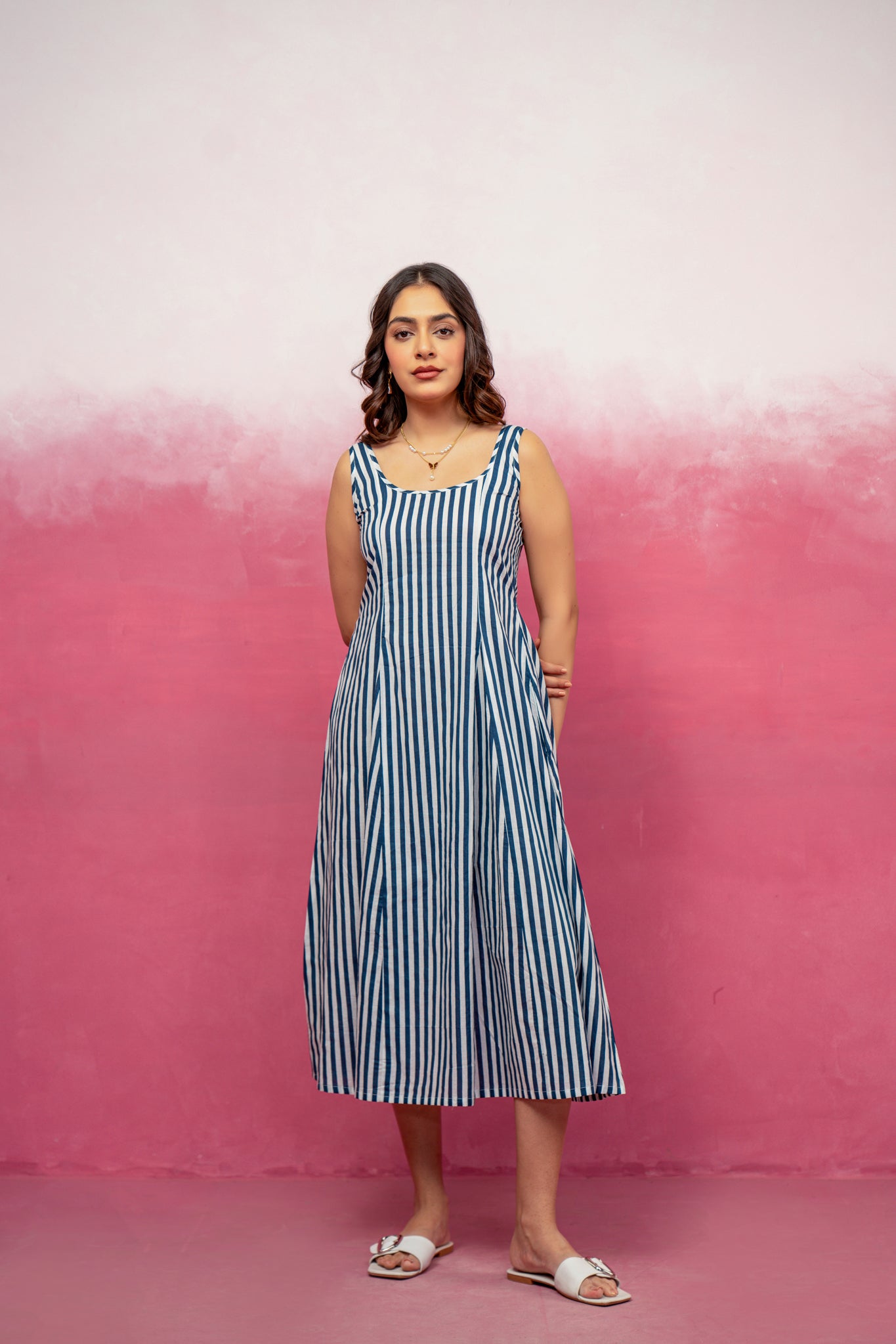 ARIEL BLUE STRIPED MIDI A-LINE DRESS