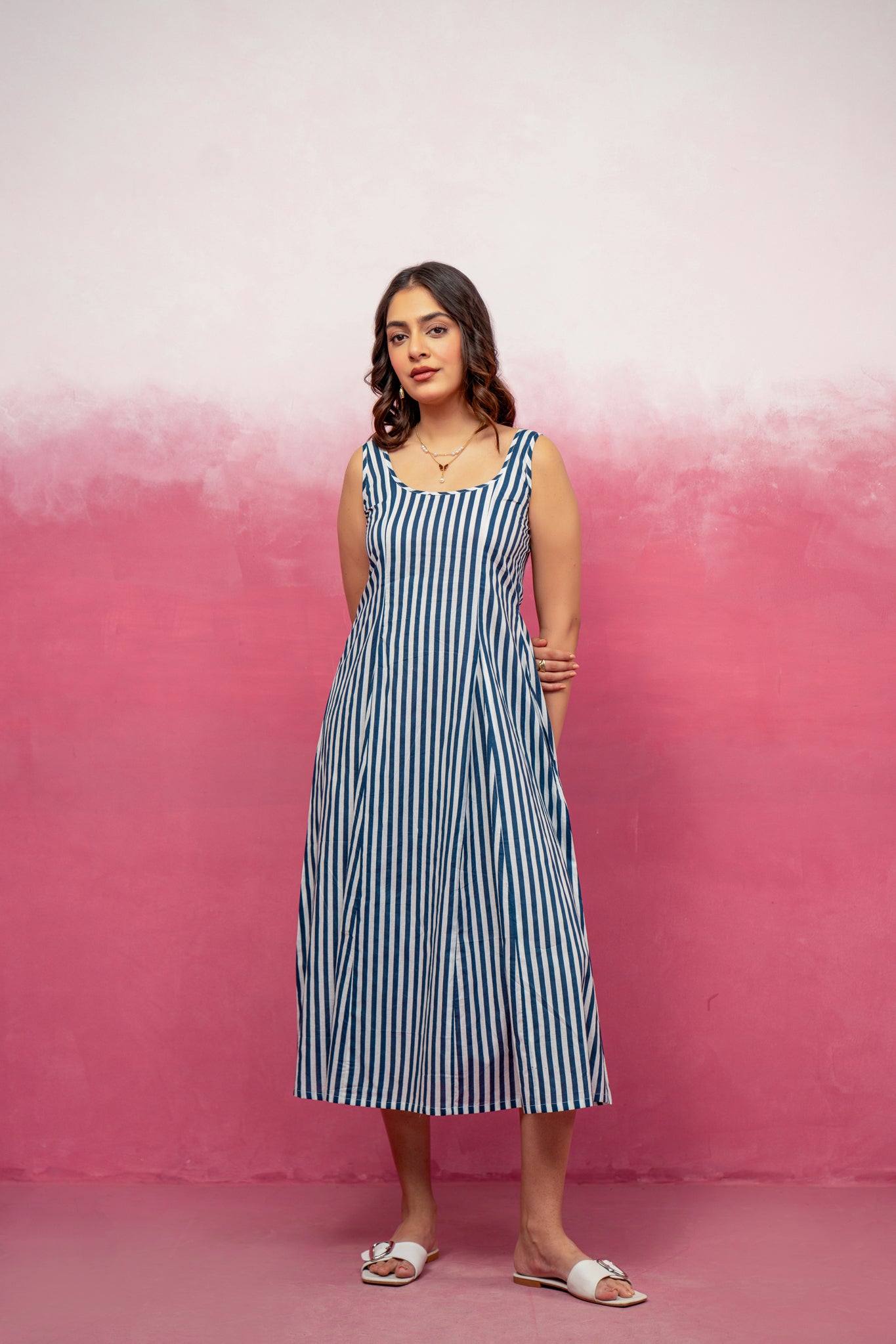 ARIEL BLUE STRIPED MIDI A-LINE DRESS