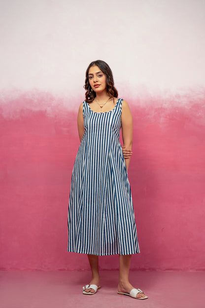 ARIEL BLUE STRIPED MIDI A-LINE DRESS