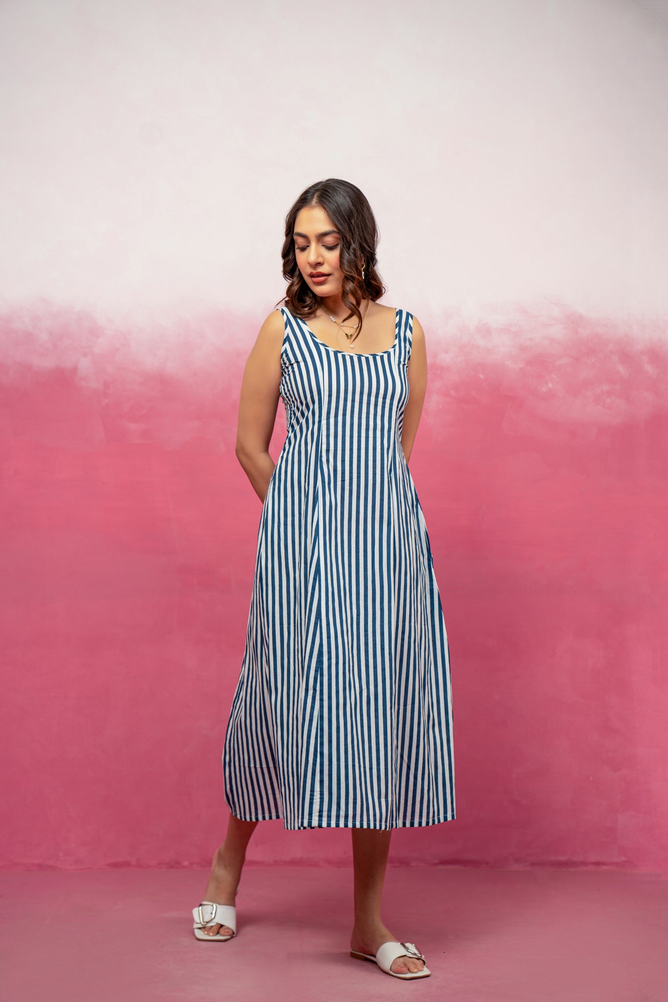 ARIEL BLUE STRIPED MIDI A-LINE DRESS