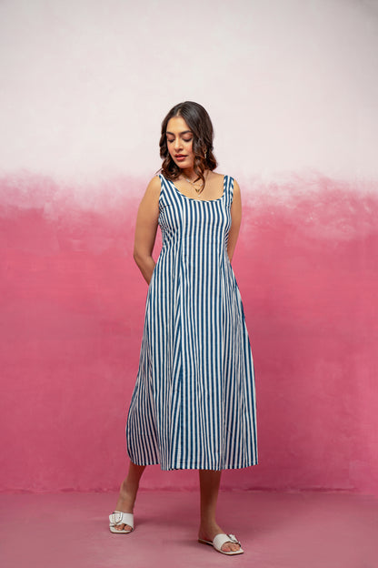 ARIEL BLUE STRIPED MIDI A-LINE DRESS