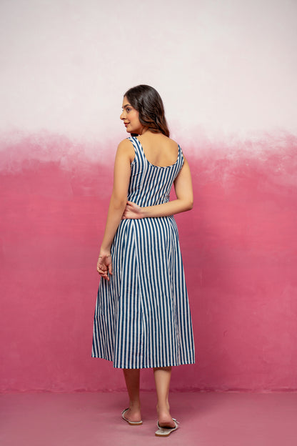 ARIEL BLUE STRIPED MIDI A-LINE DRESS