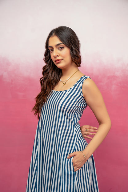 ARIEL BLUE STRIPED MIDI A-LINE DRESS