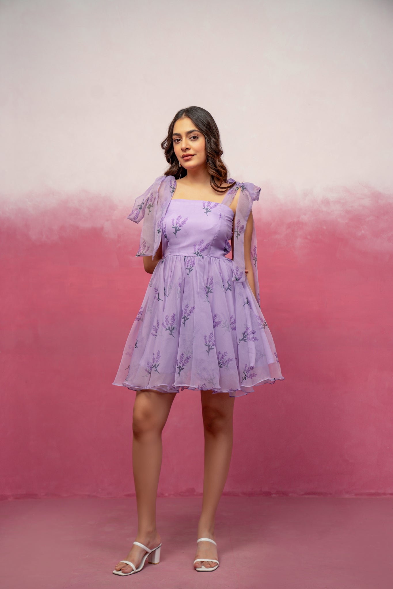 ENA LAVENDER FLORAL ORGANZA SHORT FLARED DRESS