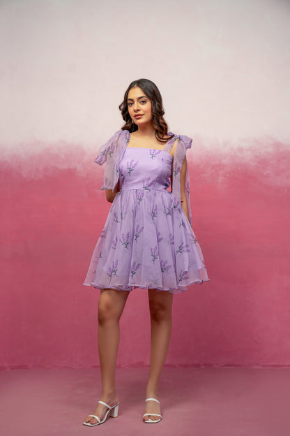 ENA LAVENDER FLORAL ORGANZA SHORT FLARED DRESS