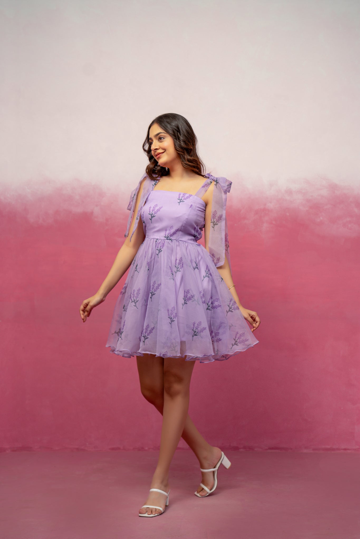 ENA LAVENDER FLORAL ORGANZA SHORT FLARED DRESS