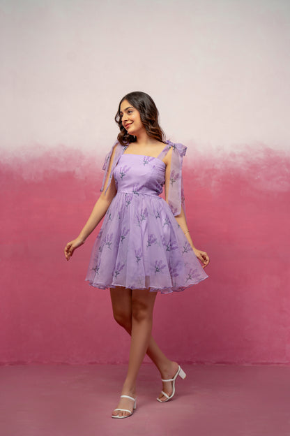 ENA LAVENDER FLORAL ORGANZA SHORT FLARED DRESS