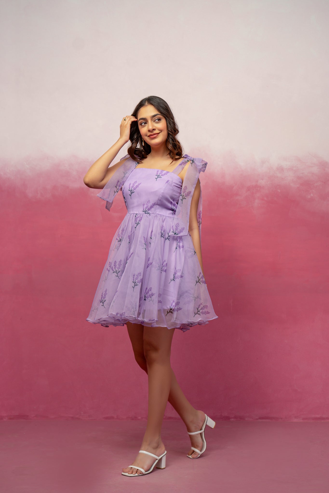 ENA LAVENDER FLORAL ORGANZA SHORT FLARED DRESS