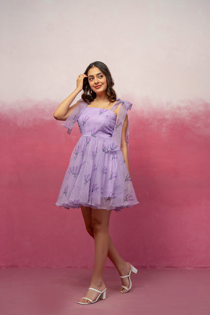 ENA LAVENDER FLORAL ORGANZA SHORT FLARED DRESS