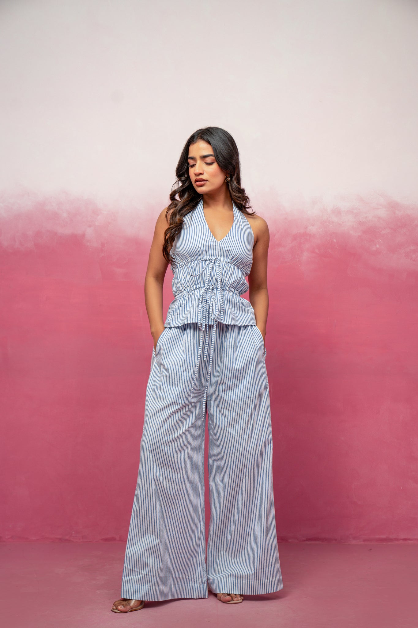 NYLA HALTER NECK BLUE STRIPED COORD SET