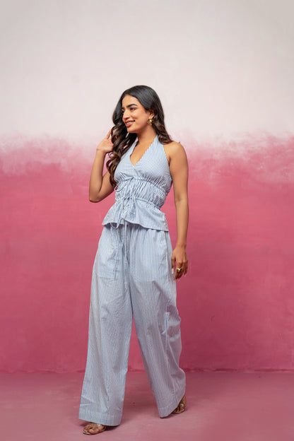 NYLA HALTER NECK BLUE STRIPED COORD SET