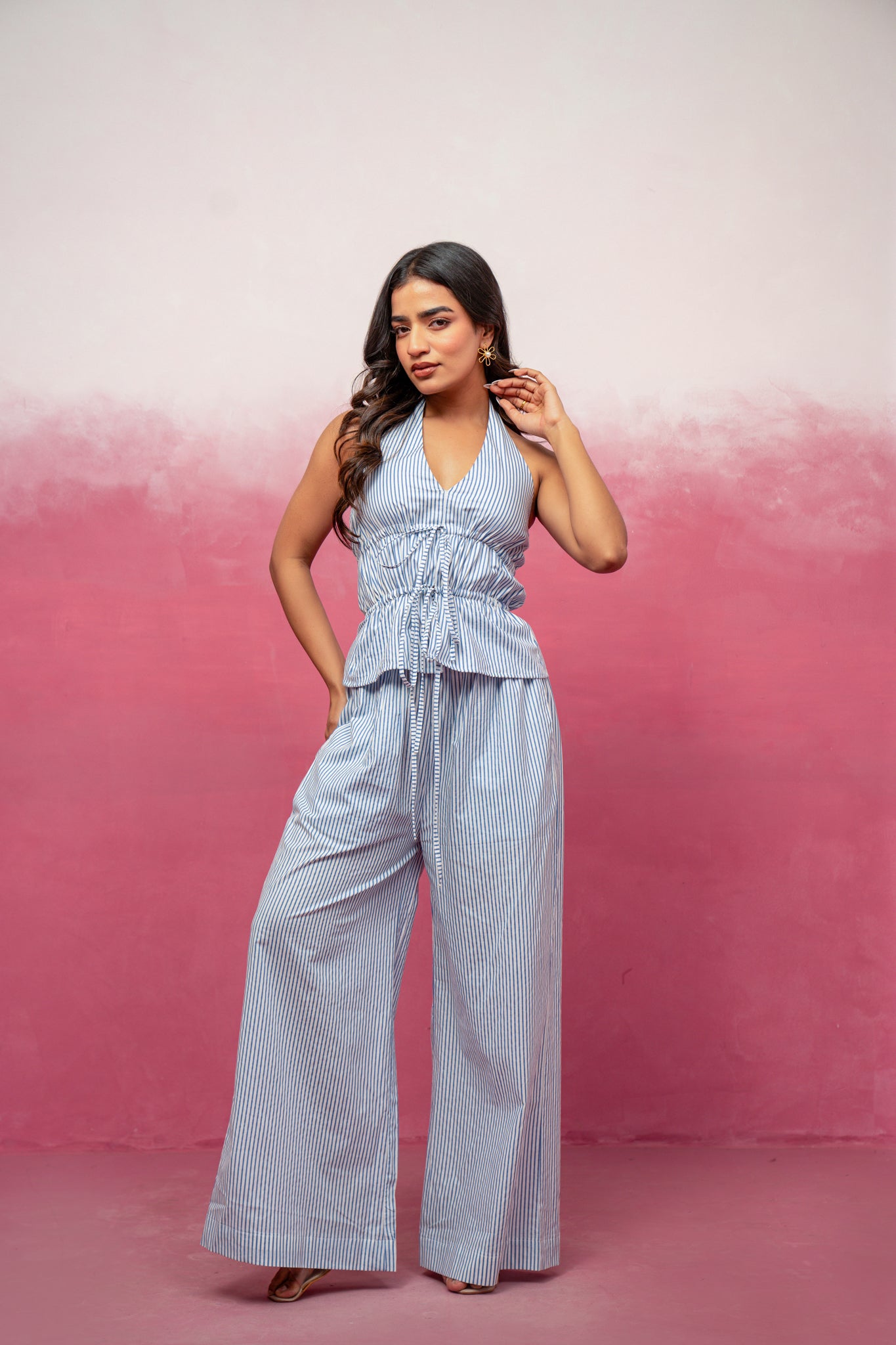 NYLA HALTER NECK BLUE STRIPED COORD SET