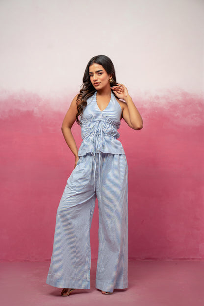 NYLA HALTER NECK BLUE STRIPED COORD SET
