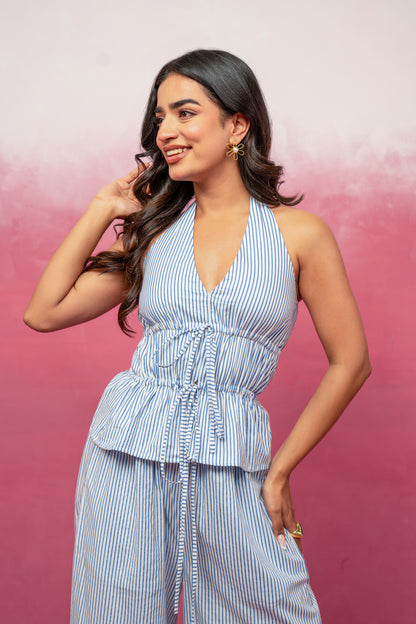 NYLA HALTER NECK BLUE STRIPED COORD SET