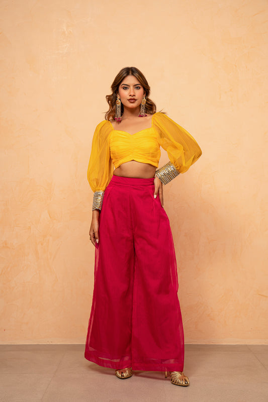 TAMIRA YELLOW-PINK MIRROR-WORK LACE PALAZZO SET