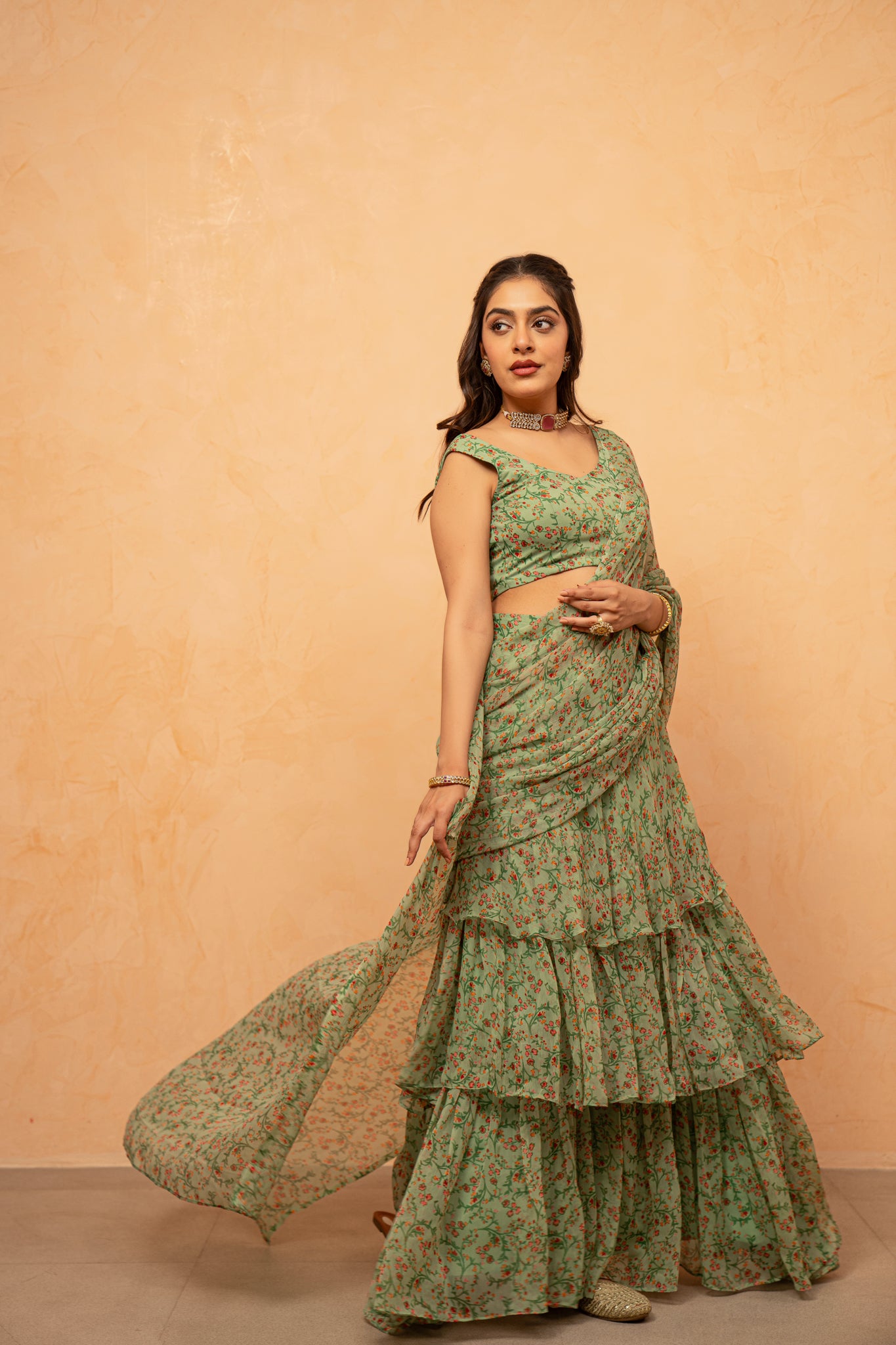 TANISHA GREEN FLORAL SAREE