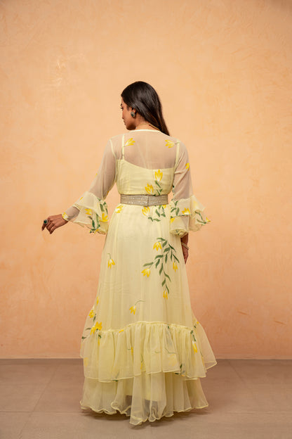 ANIRA PASTEL YELLOW HANDPAINTED SHRUG SET