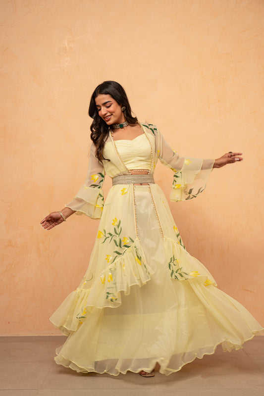 ANIRA PASTEL YELLOW HANDPAINTED SHRUG SET