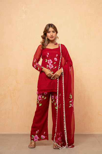 NAAZ RED HANDPAINTED SHARARA SET
