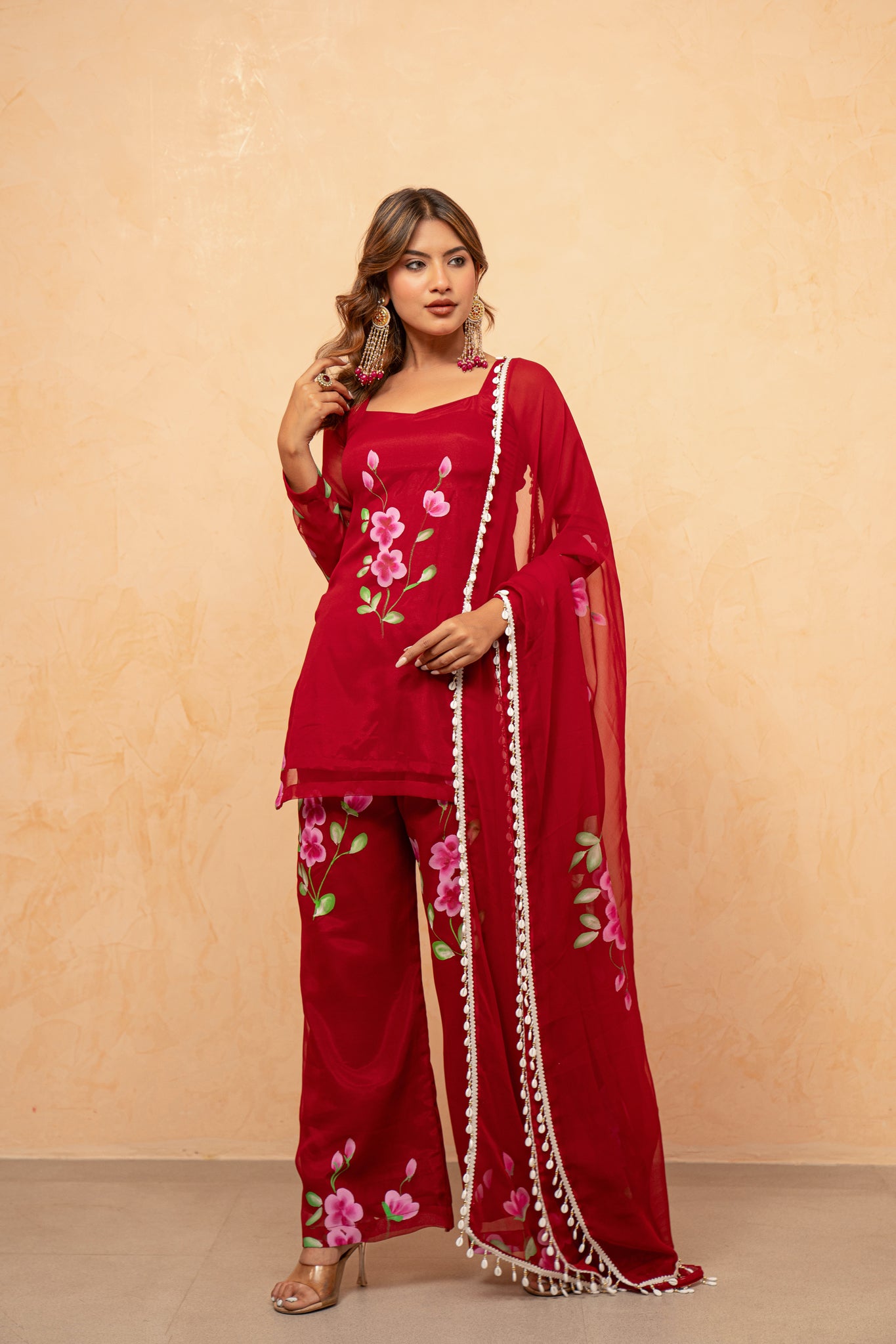NAAZ RED HANDPAINTED SHARARA SET
