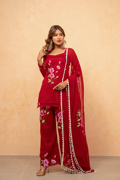 NAAZ RED HANDPAINTED SHARARA SET