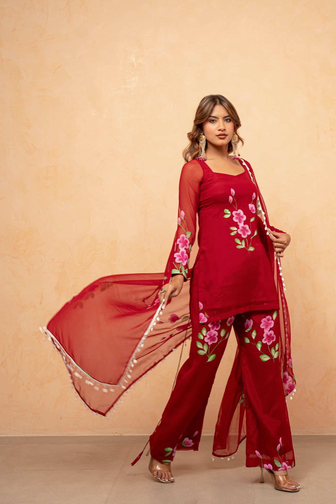 NAAZ RED HANDPAINTED SHARARA SET