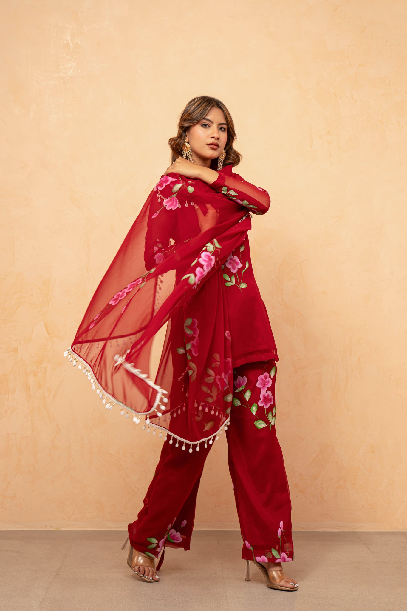 NAAZ RED HANDPAINTED SHARARA SET