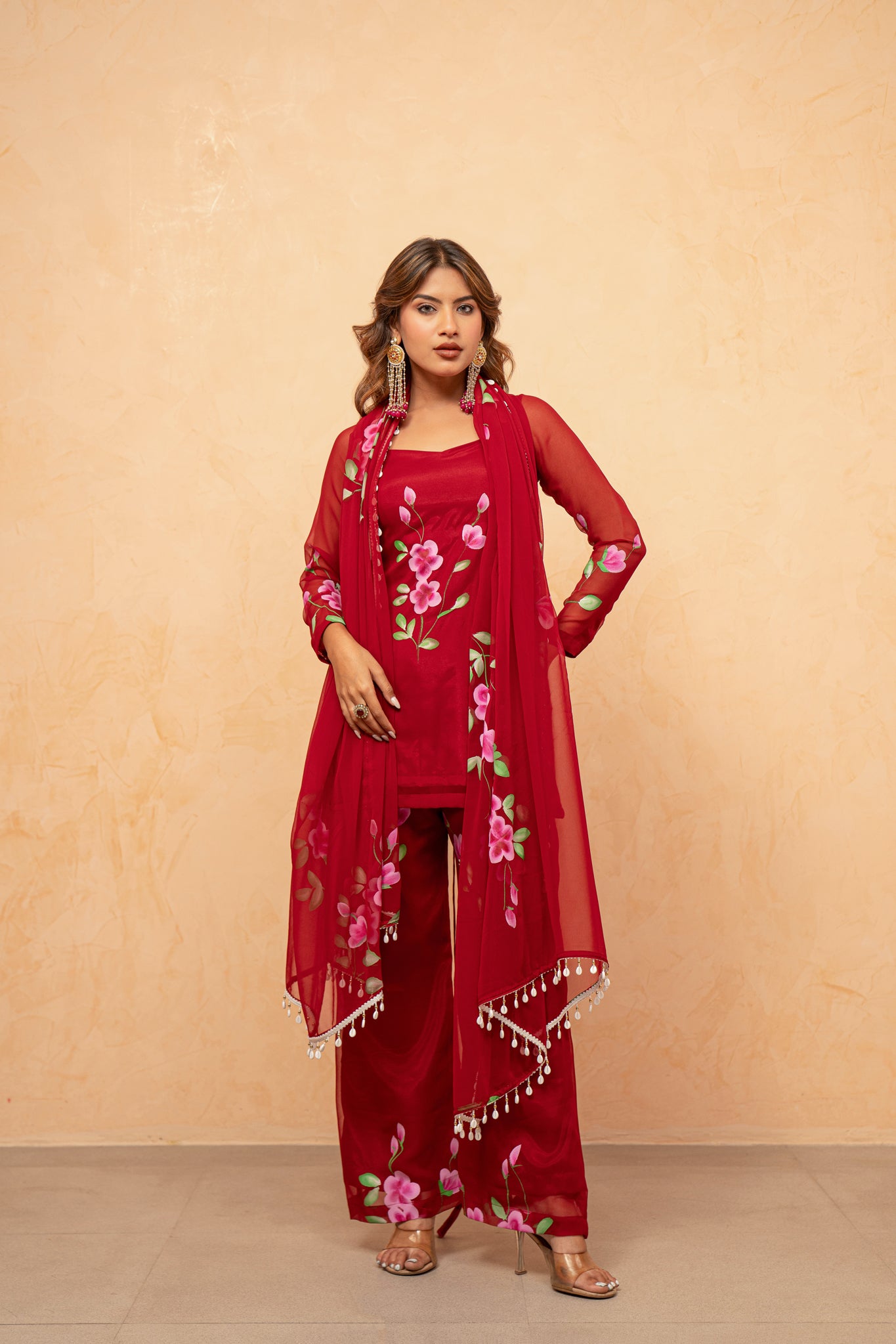 NAAZ RED HANDPAINTED SHARARA SET