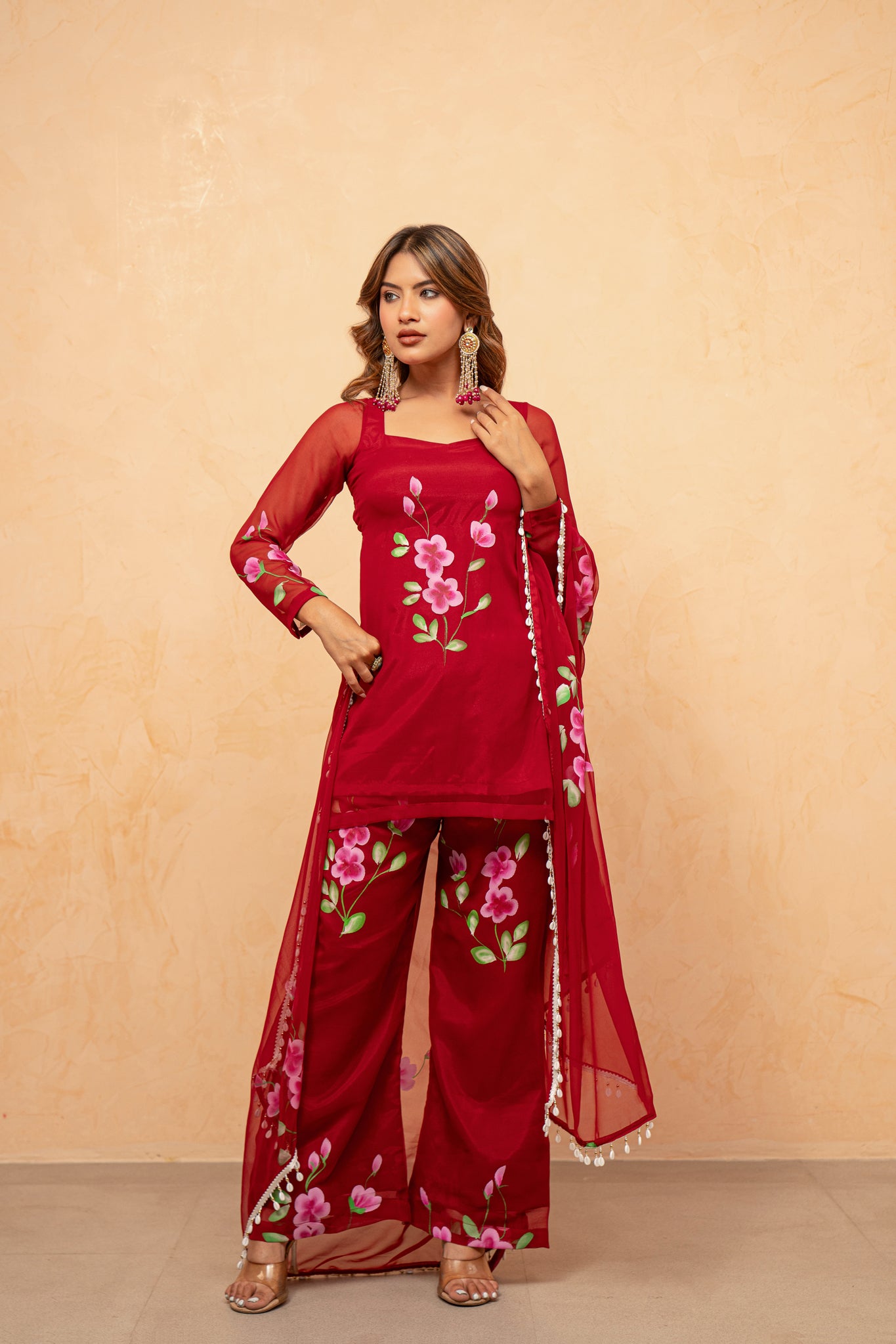 NAAZ RED HANDPAINTED SHARARA SET – Deasha India
