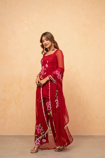 NAAZ RED HANDPAINTED SHARARA SET