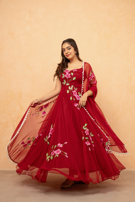 NAVIKA RED HANDPAINTED ANARKALI