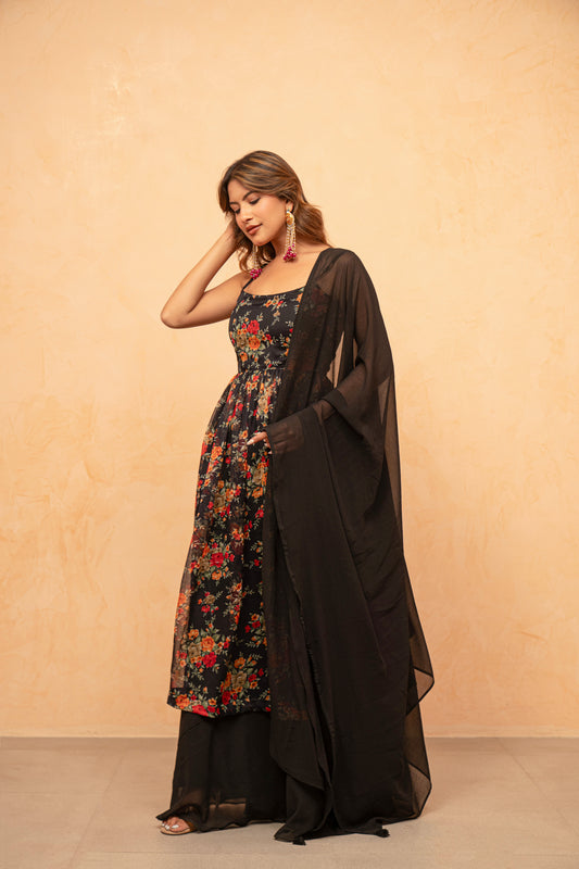 VRIHA BLACK FLORAL KURTA PALAZZO SET