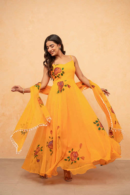 ABOLI YELLOW HANDPAINTED ANARKALI